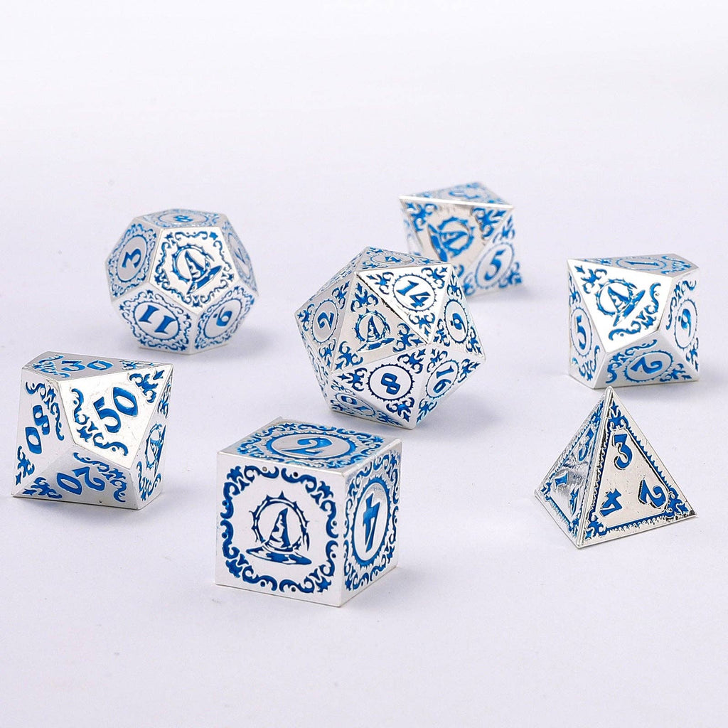 Wizard Class Solid Metal RPG Dice Set - Silver with Blue Dice Sets & Singles hymgho [SK]