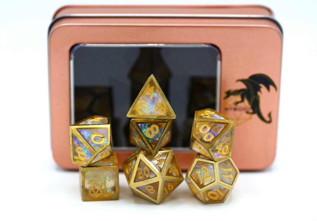 Caged Resin RPG Dice Set - Opal with Brass Frame Dice Sets & Singles hymgho [SK]   