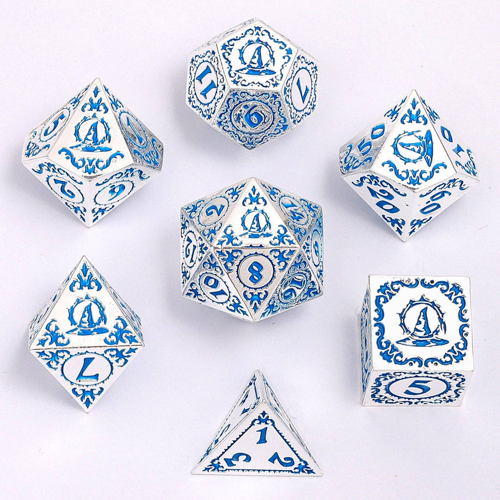 Wizard Class Solid Metal RPG Dice Set - Silver with Blue Dice Sets & Singles hymgho [SK]