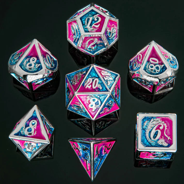 Dragon Solid Metal RPG Dice - Silver w/Pink & Blue Dice Sets & Singles hymgho [SK]