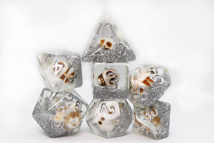 Skull and Silver Glitter RPG Dice Set Dice Sets & Singles Foam Brain Games [SK]