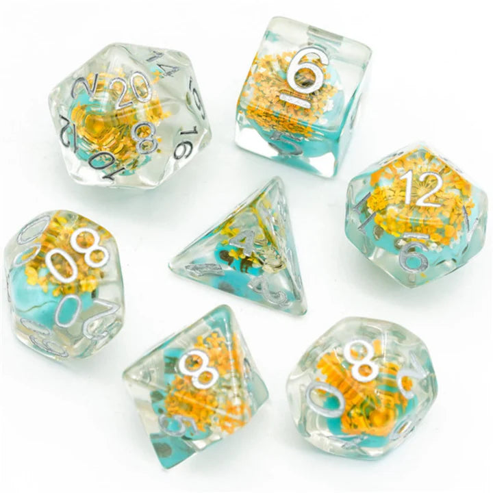 Yellow Flower & Blue Skull RPG Dice Set Dice Sets & Singles Foam Brain Games [SK]