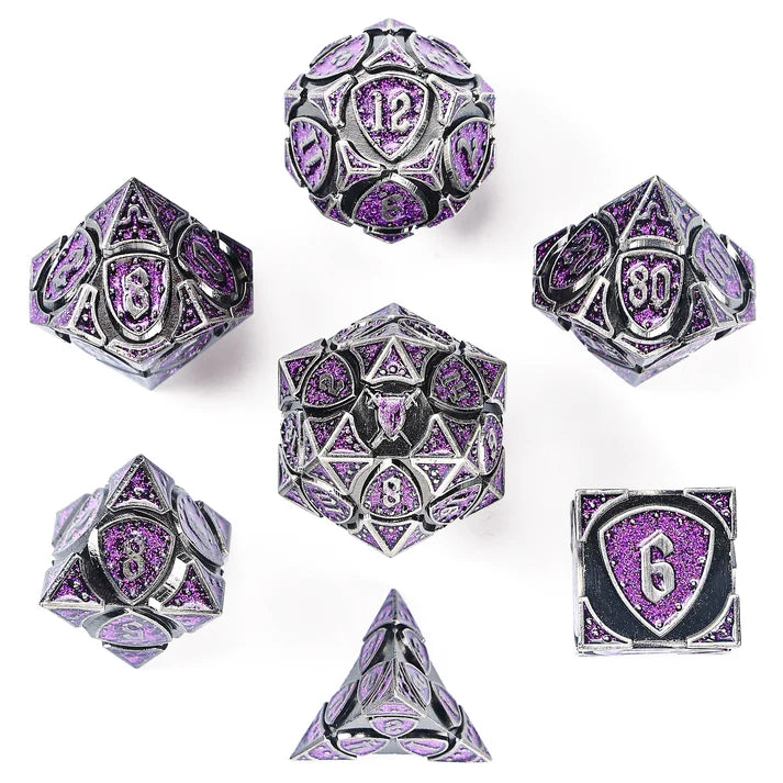 Fighter Class Solid Metal RPG Dice Set - Ancient Silver w/Glitter Purple Dice Sets & Singles hymgho [SK]