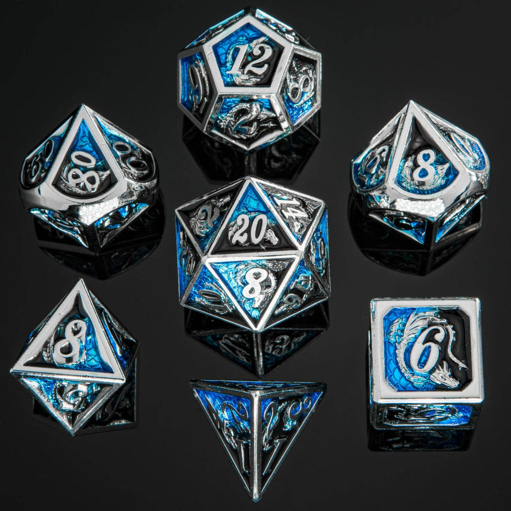 Dragon Solid Metal RPG Dice - Silver w/ Blue & Black Dice Sets & Singles hymgho [SK]